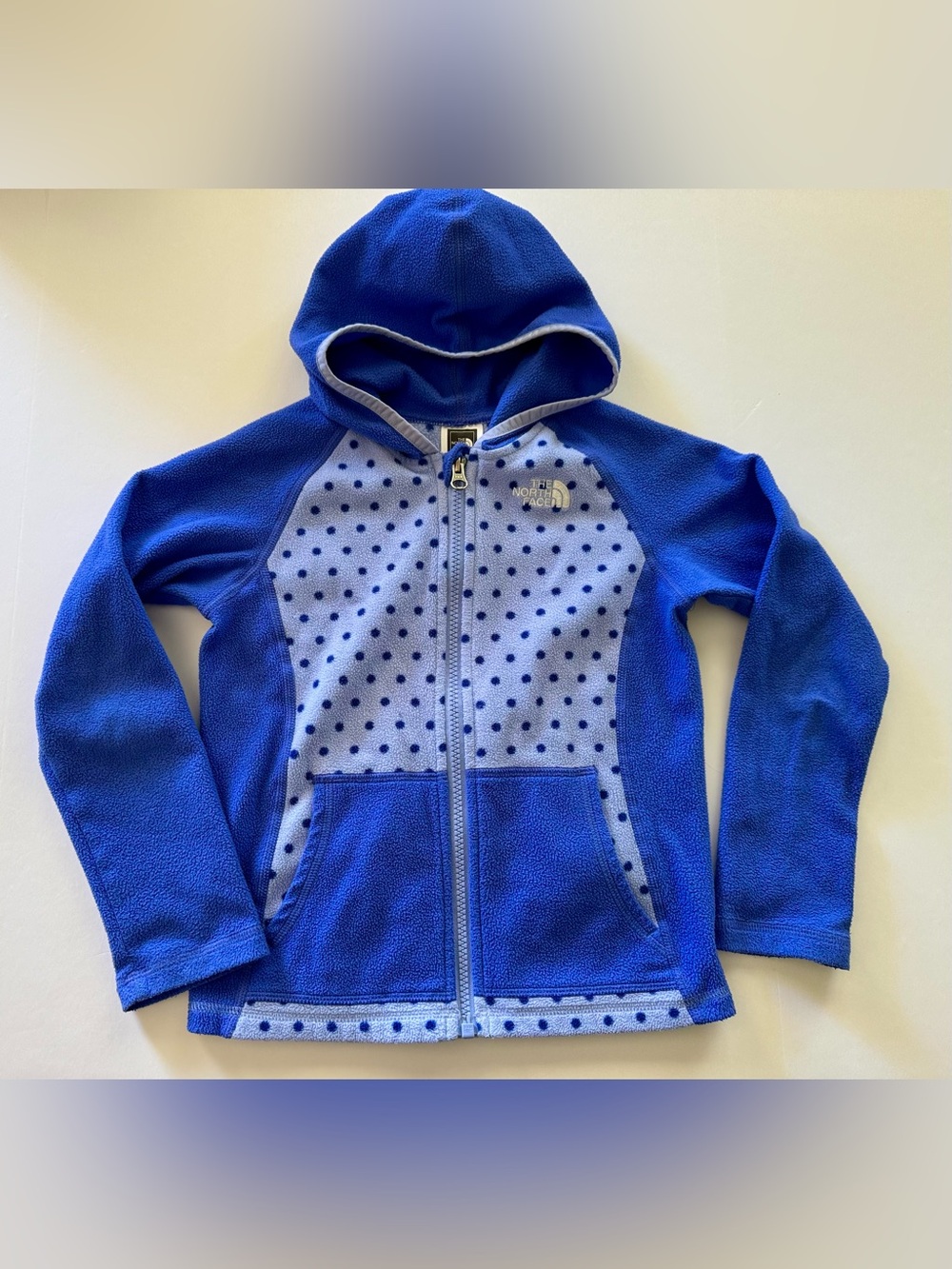 Girl size 6 North face purple polka dot zip up fleece jacket